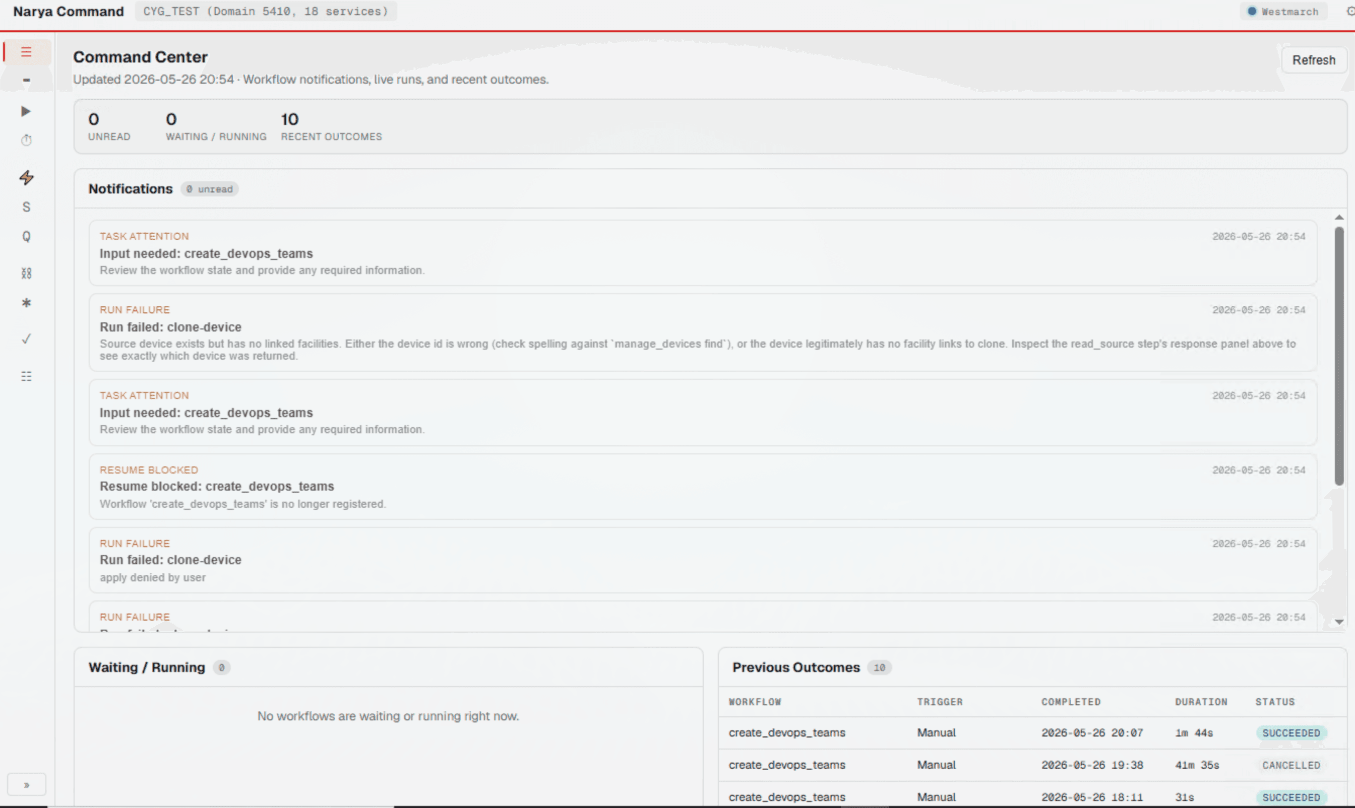 Anor command center dashboard showing notifications, waiting runs, and previous outcomes