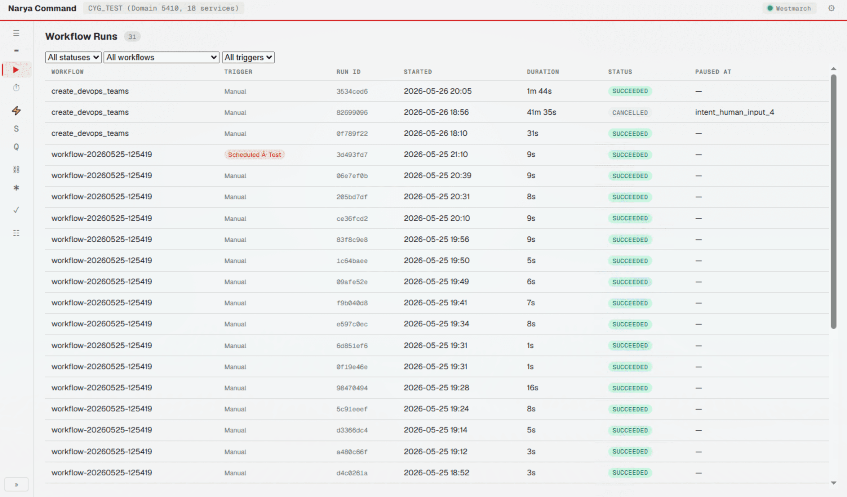 Anor workflow runs list with statuses, durations, triggers, and paused-at information