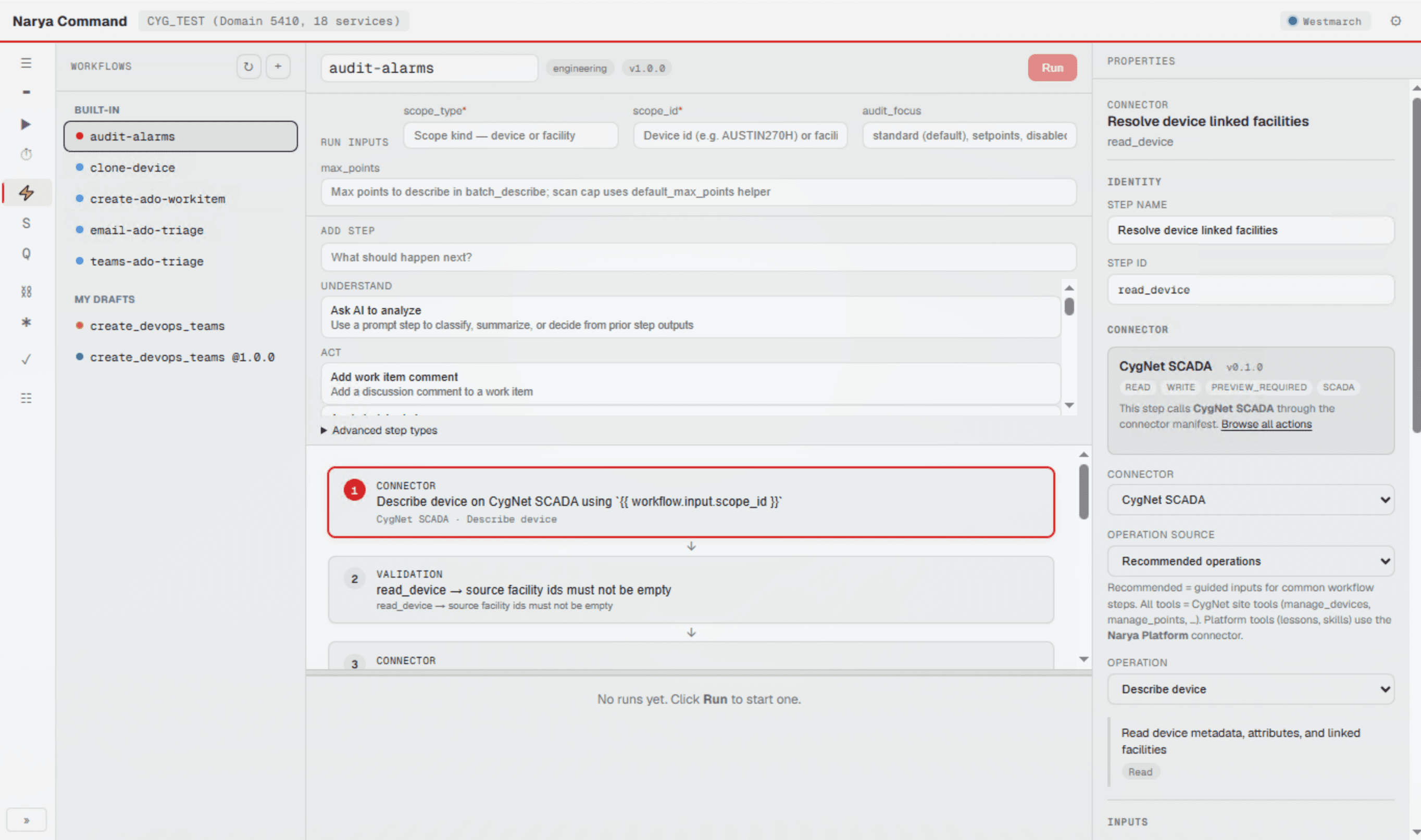 Anor workflow builder showing an audit-alarms workflow with connector and validation steps